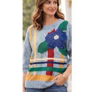 Vtg‎ 80s Western Connection Nubby Sweater M Floral Beaded Retro Art Cottage